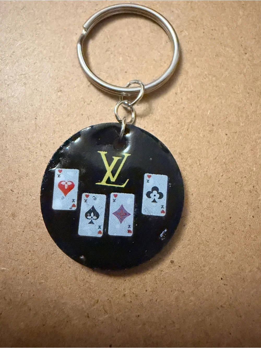 Fashion inspired Black Round Card Suit Keychain with Yellow